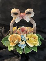 Capodimonte Flower Basket 7" Glazed Pink Roses