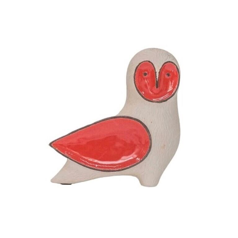 White Owl Statuet and Red in Ceramica - 23x22 CM
