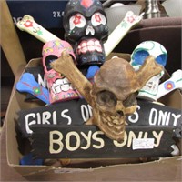 BOX OF SKULL SIGNS & ORNAMENTS