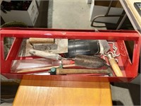 RED METAL TOOL CADDY WITH MISCELLANEOUS ITEMS