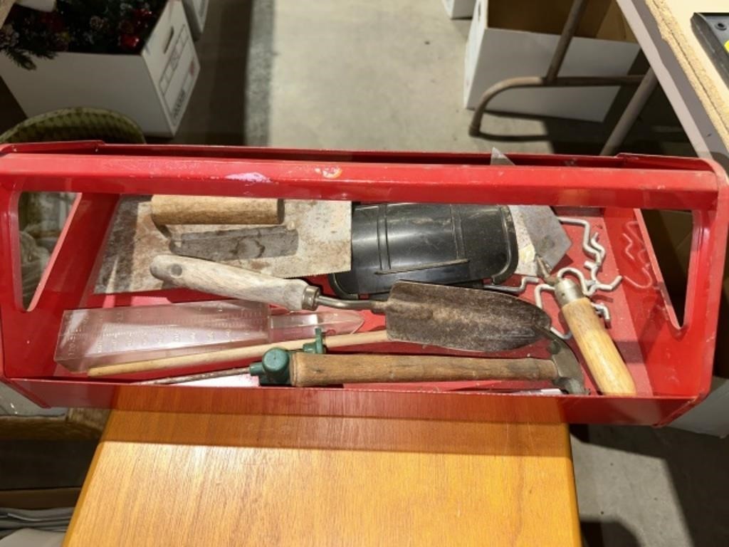 RED METAL TOOL CADDY WITH MISCELLANEOUS ITEMS