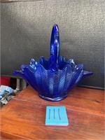 LE Smith cobalt blue large glass basket art glass