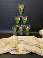 Hand Painted Glasses & Vntg Linens