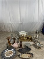 Brass and wooden candleholders, tea pot, silver