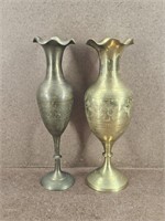 2 Vtg Brass Pedestal India Bud Vases