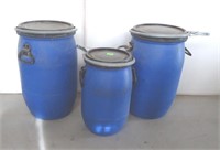 3- Plastic storage barrels, 2- 25' T, 1-19" T