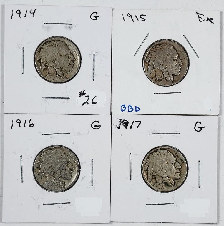 1914, 1915, 1916 & 1917 Buffalo Nickels  G-VG