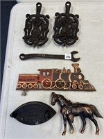 TRIVETS, FORD WRENCH, CAST IRON WALL TRAIN, BRASS