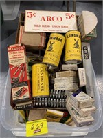 LIDDED TOTE FULL OF TOBACCO TINS, POUCH BOXES,