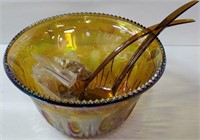 Amber Carnival Glass Punch Bowl w/ Ladles