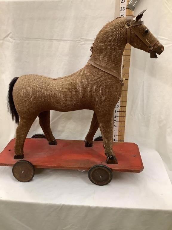 Vintage Stuffed Horse w/ Wooden Legs Pull Toy,