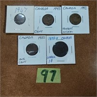 5 Canada coins, 1898,1932,42,45,47
