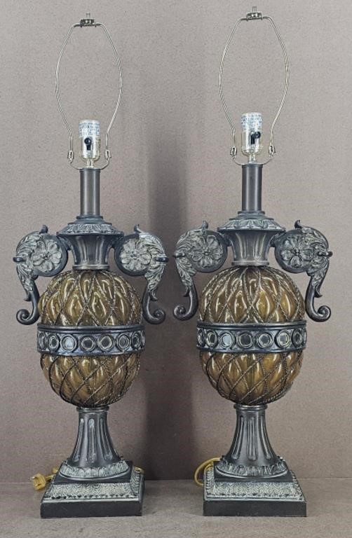Pair of Amber Glass Urn Table Lamps