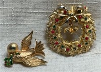 (2) Vtg Christmas Brooches: Christmas Dove w/Holly