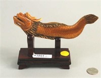 Chinese Carved Ivory Dragon, Inlaid Red Stone Eyes