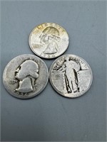 3 silver quarters 1964, 1936, no date