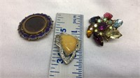 OF) THREE EARLY BROOCHES GLASS MARQ STONES, ENAMEL