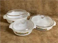 Three Vintage Anchor Hocking Fire King Casserole