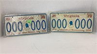 Virginia Vehicle  License Plates Bicentennial Pair