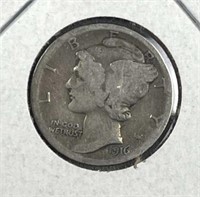 1916 Mercury Silver Dime, 1st Year, US 10c Coin