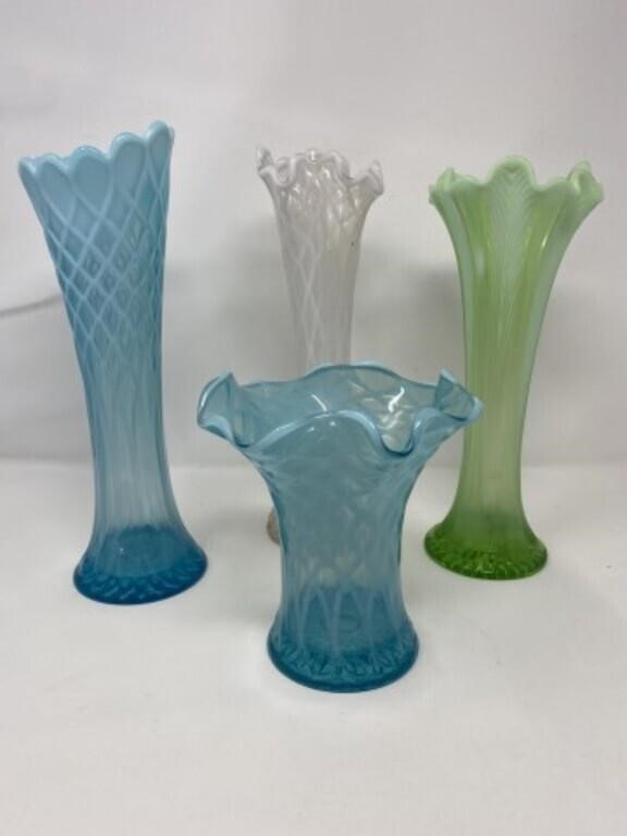 4 Stretch Glass Opalescent Vases - Tallest is 12"H