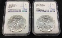 (2) 2021 SILVER AMERICAN EAGLES, MS70 EARLY
