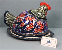 14" Polish Pottery Hen Covered Platter