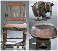 A West African stool, chair, & beaded elephant.