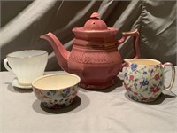 VTG Art Deco Pink Tea Pot w/ Lid, Fire King Mug