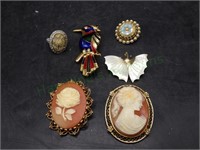 Eneameled, MOP, Hand Carved Brooches & a Ring