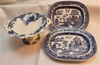TWO ENGLISH WILLOW PATTERN PLATTERS & COMPOTE