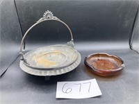 Silverplate Footed Ashtray, Amber Glass