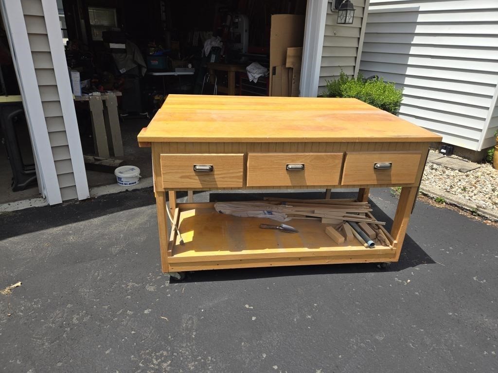 Drop leaf work table on casters - drawer contents