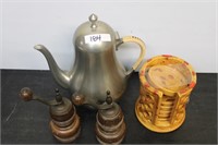 Pewter Teapot / Wood S&P  / Pottery Coaster Set