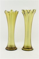 Pair Of Olive Green Carnival Glass Vases