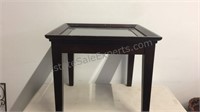 Glass top wooden side table 23“ x 23 1/2“ x 25