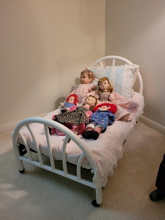 Metal Doll Bed with Dolls and Accessories
