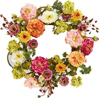 Nearly Natural 24 Peony Wreath  24in  Mixed