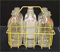 (6) Vintage 1 Qt  Dairy Bottles with Carrier