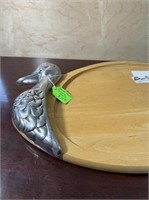 Wood and silver tone duck serving tray
