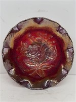 Carnival glass bowl with rose pattern