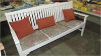 WHITE PAINTED COUNTRY SLAT BENCH W/CUSHIONS