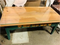 Glass top 2-tone green painted coffee table