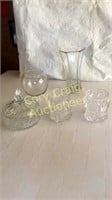 Candy Dish, (2) Face Glasses, (2) Vases