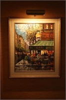 framed oil painting with lighting, signed