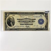 1914-B Blue Seal St. Louis $1 Bill ABOUT UNC