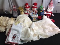 Christmas decor, plush snowmen, table linens