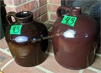 2 Brown Glazed Antique Stoneware Jugs. 9" Tall