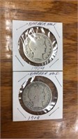 2 Barber half dollar coins. 1904 and 1908