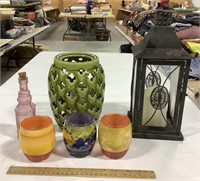 4 candle holders w/ glass bottle & lantern